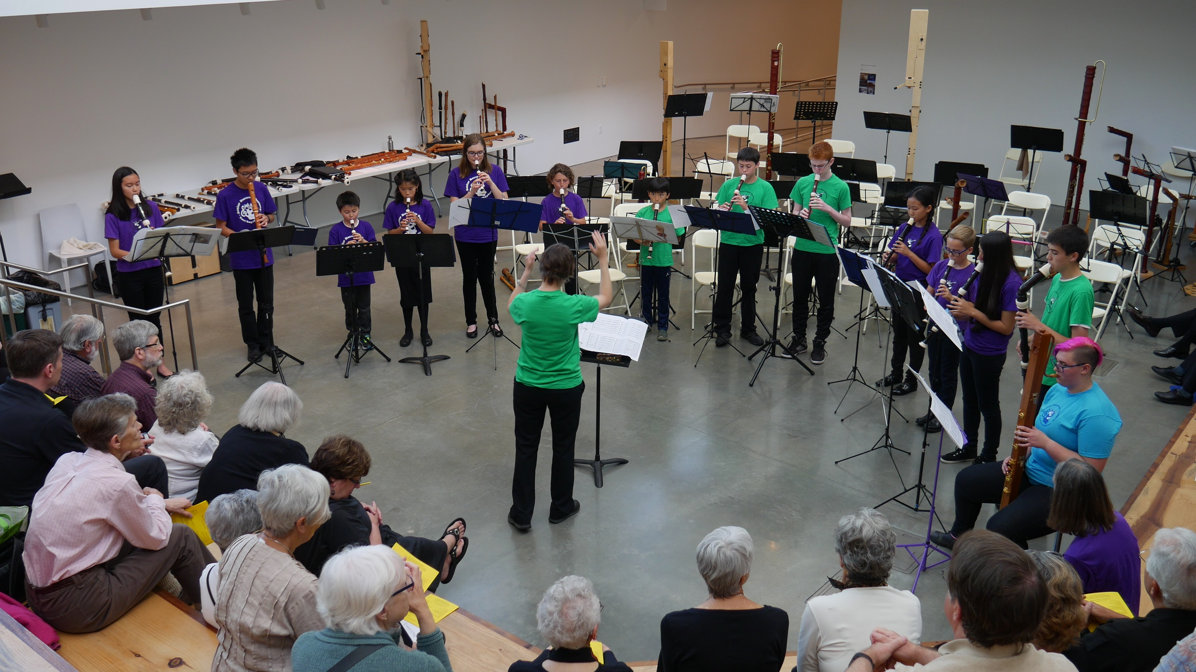 young recorder players in JRS playing a concert at the BAMPFA museum